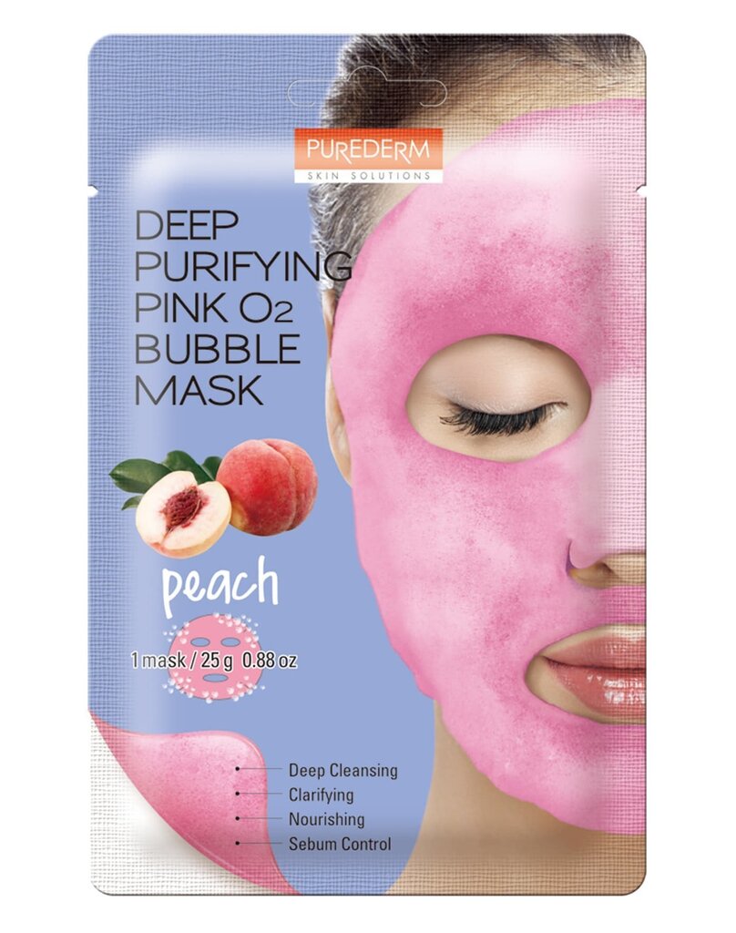 Dziļi attīroša dzirkstoša sejas maska Purederm Deep Purifying Pink O2 Bubble Persiku 25 g цена и информация | Sejas maskas, acu maskas | 220.lv