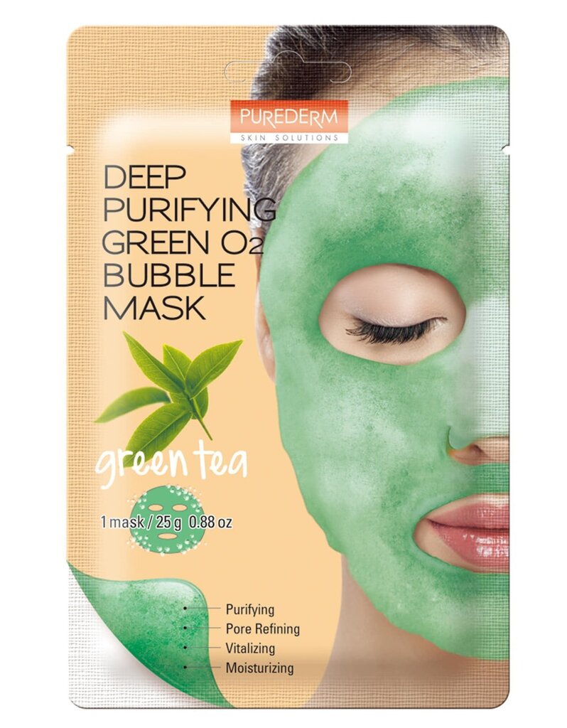 Dziļi attīroša dzirkstoša sejas maska Purederm Deep Purifying Green O2 Bubble ZAĻĀ TĒJA 25 g цена и информация | Sejas maskas, acu maskas | 220.lv