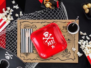 Vienreizlietojamie papīra šķīvji Pirates Party, sarkani, 20x20 cm, 1 kaste / 25 iepakojumi (1 iepakakojums/6 gab.) cena un informācija | Vienreizējie trauki | 220.lv