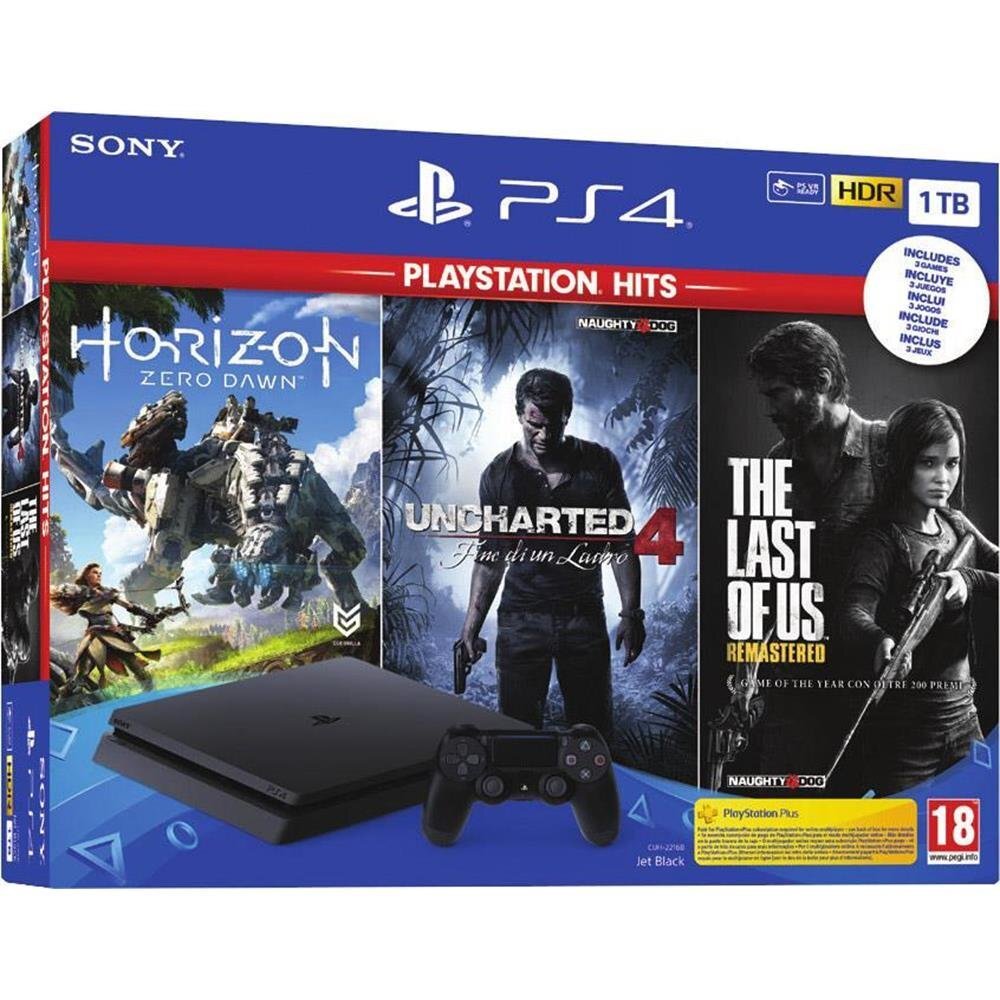 Sony PlayStation 4 (PS4) Slim 1TB + Horizon Zero Dawn + Uncharted 4 + The Last of Us cena un informācija | Spēļu konsoles | 220.lv