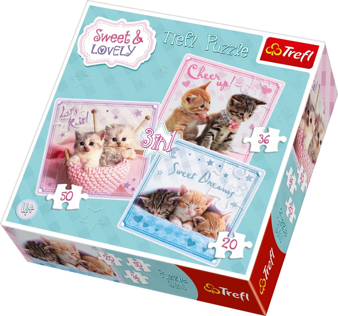 Puzles komplekts Trefl 3 in 1 Sweet Kittens, 20+36+50 cena un informācija | Puzles, 3D puzles | 220.lv