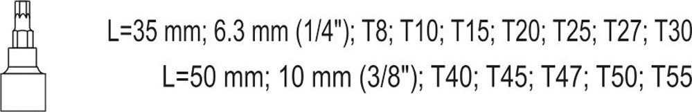Presētu uzgaļu komplekts Torx ar caurumiem 1/4" 3/8" T8-T55 Yato (YT-04332), 12 gab. cena un informācija | Rokas instrumenti | 220.lv
