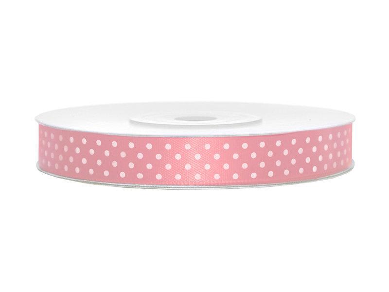Satīna lente, gaiši rozā krāsā ar baltiem punktiem, 12 mm/25 m, 1 gab/25 m cena un informācija | Dāvanu saiņošanas materiāli | 220.lv