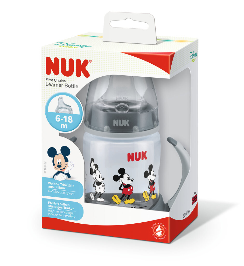 Neizlīstoša pudele ar silikona snīpi un rokturiem NUK First Choice Mickey Mouse First Choice, 6-18 mēn. zīdaiņiem, pelēka, 150 ml цена и информация | Bērnu pudelītes un to aksesuāri | 220.lv