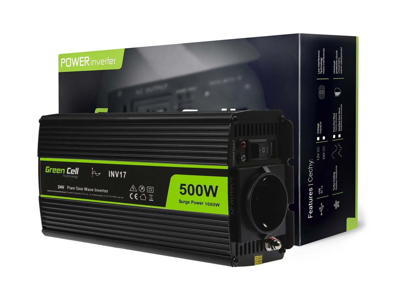 Green Cell jaudas invertors 24 V līdz 230 V 500W/1000W tīrs sinusa vilnis cena un informācija | Sprieguma pārveidotāji | 220.lv