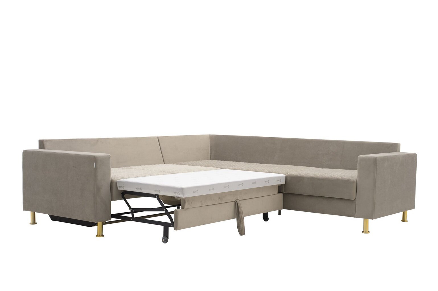 Guļamistabas stūra dīvāns LAUKSVA OTTO ar misiņa kājiņām, smilškrāsas cena un informācija | Stūra dīvāni | 220.lv