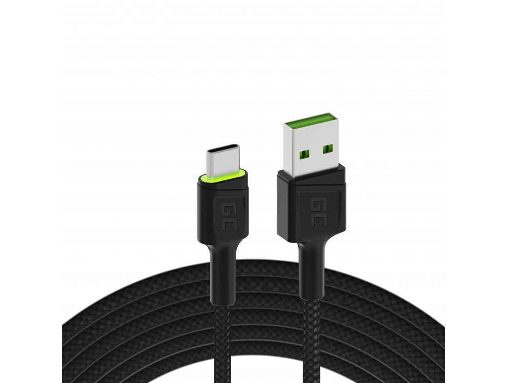 Green Cell kabeļa staru USB kabelis - USB -C 120cm ar zaļo LED fona apgaismojumu un atbalsta ātru uzlādes ultra lādiņu, QC 3.0 cena un informācija | Savienotājkabeļi | 220.lv