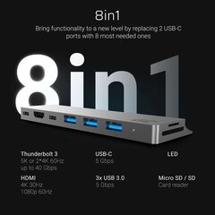 Adapteris Green Cell HUB Connect60 8in1 Thunderbolt 3, USB-C, HDMI, 3x USB 3.0, SD, microSD цена и информация | Адаптеры и USB разветвители | 220.lv