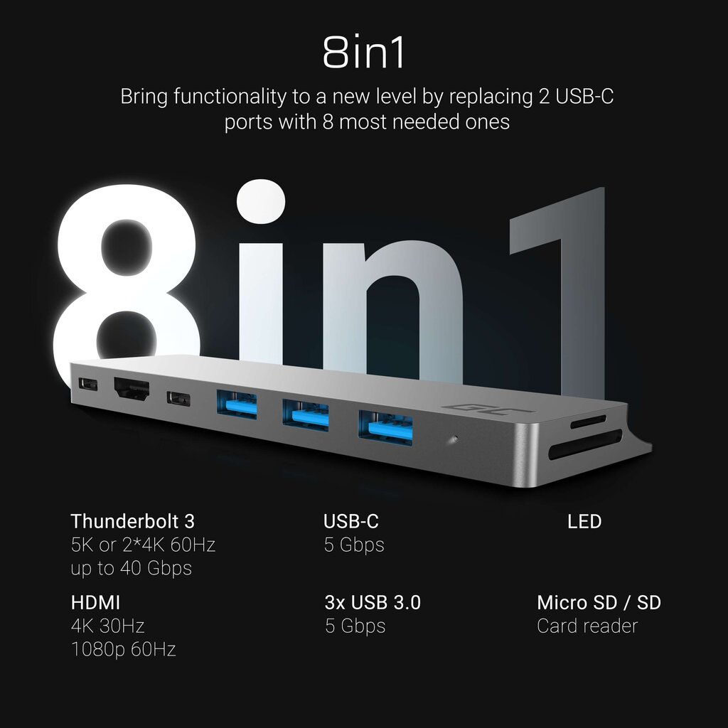 Adapteris Green Cell HUB Connect60 8in1 Thunderbolt 3, USB-C, HDMI, 3x USB 3.0, SD, microSD cena un informācija | Adapteri un USB centrmezgli | 220.lv