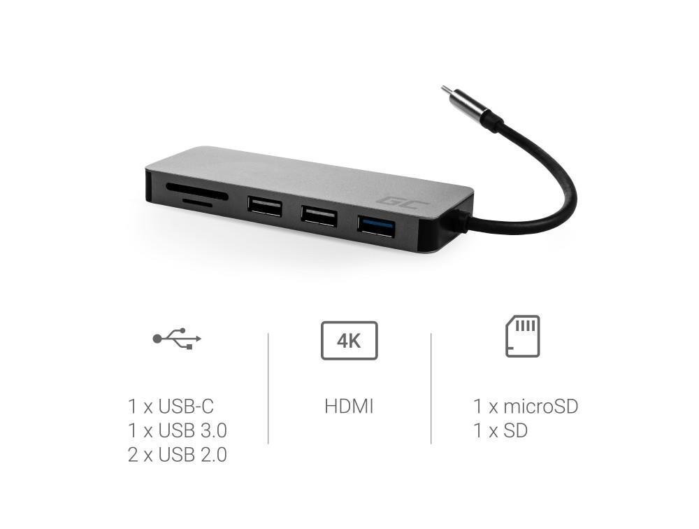 Savienotājs Green Cell USB-C HUB 7in1 USB 3.0, 2xUSB 2.0, HDMI 4K, microSD, SD, DEX цена и информация | Adapteri un USB centrmezgli | 220.lv