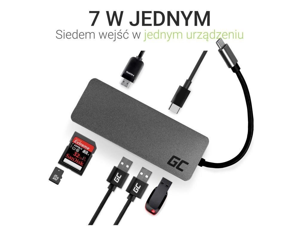 Savienotājs Green Cell USB-C HUB 7in1 USB 3.0, 2xUSB 2.0, HDMI 4K, microSD, SD, DEX cena un informācija | Adapteri un USB centrmezgli | 220.lv