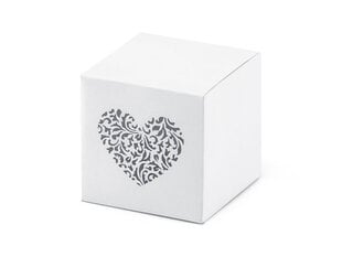 Dekoratīvas kastītes gardumiem Heart, baltas dekorētas ar sirds ornamentiem, 5x5x5 cm, 1 iepak./10 gab. cena un informācija | Vienreizējie trauki | 220.lv