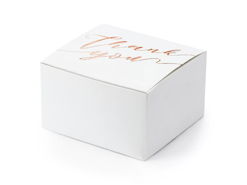 Dekoratīvas kastītes saldumiem Thank you, baltas ar rozā zelta krāsas uzrakstu, 6x3,5x5,5 cm, 1 iepak./10 gab. cena un informācija | Vienreizējie trauki | 220.lv