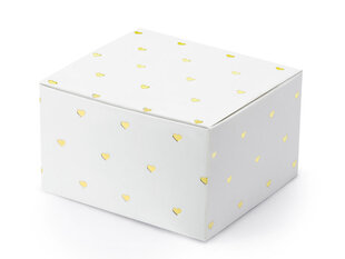 Dekoratīvas kastītes saldumiem, baltas ar zelta krāsas sirsniņām, 6x3,5x5,5 cm, 1 iepak./10 gab. cena un informācija | Vienreizējie trauki | 220.lv