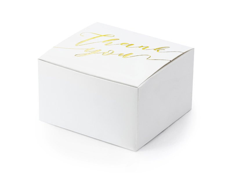 Dekoratīvas kastītes saldumiem Thank you, baltas ar zelta krāsas uzrakstu, 6x3,5x5,5 cm, 1 kastē/50 iepak. (1 iepak./10 gab.) cena un informācija | Vienreizējie trauki | 220.lv