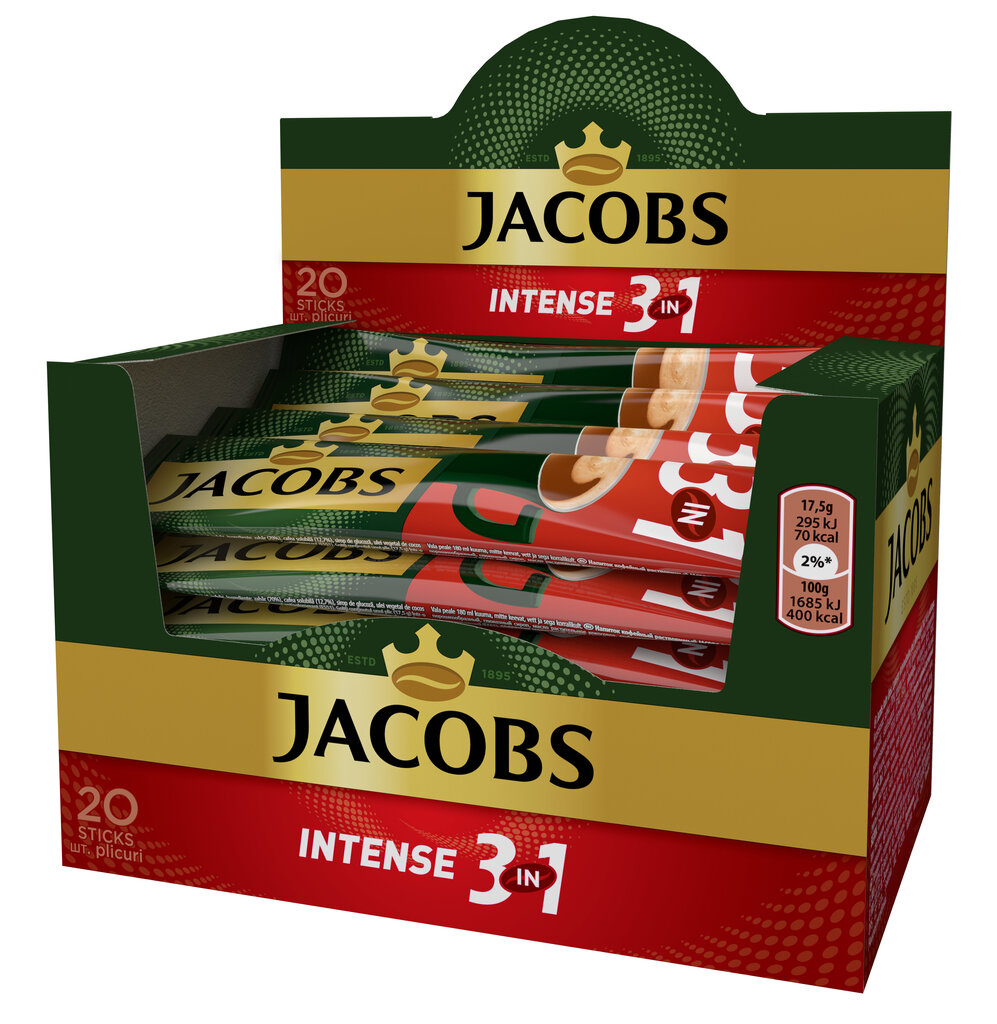 Šķīstošais kafijas dzēriens JACOBS 3IN1 INTENSE (20 x 17,5g), 350g cena un informācija | Kafija, kakao | 220.lv