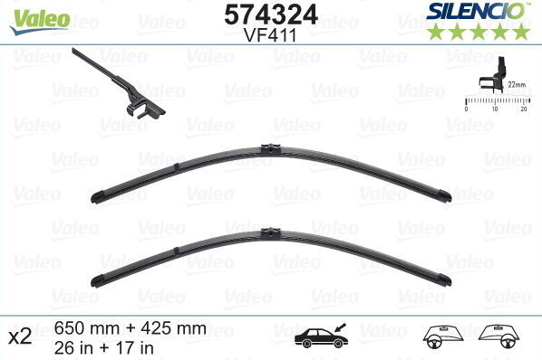 Valeo Silencio VF411 650/425mm stikla tīrītāju kompl. FORD FOCUS, PEUGEOT 207 cena un informācija | Logu slotiņas | 220.lv