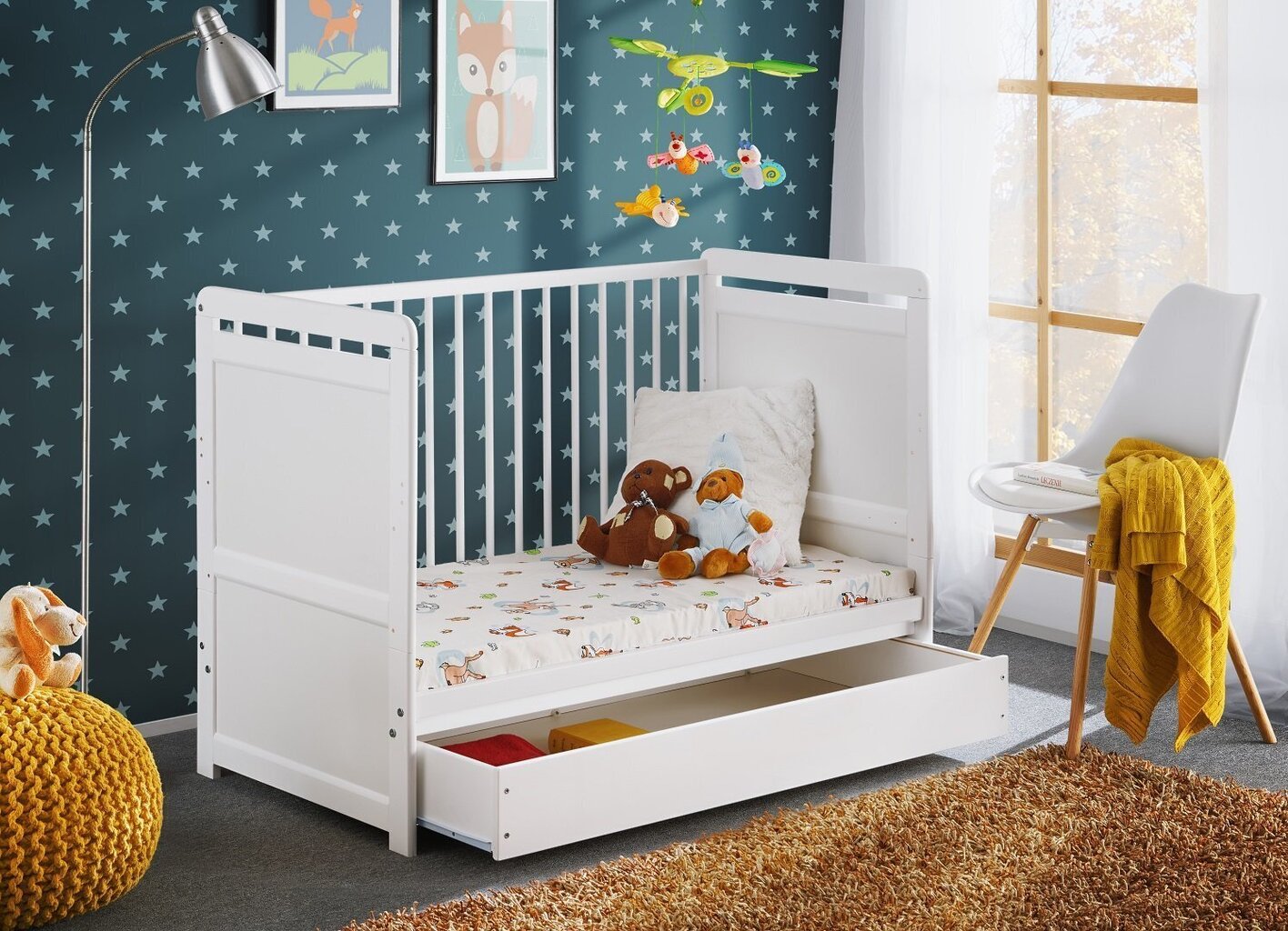 Zīdaiņu gultiņa ASM Tymi Plus ar matraci, balta cena un informācija | Zīdaiņu gultas | 220.lv