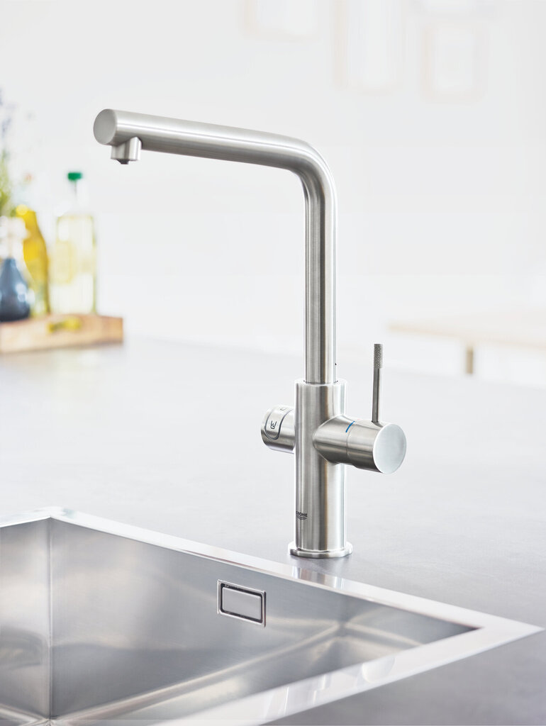 Grohe Blue Home Duo komplekts: viensviras jaucējkrāns, dzēses sistēma, filtrs un CO2 pudele cena un informācija | Ūdens maisītāji virtuvei | 220.lv