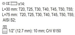 Uzgaļu komplekts Yato Torx security T20-T55 YT-0417, 15 gab. cena un informācija | Rokas instrumenti | 220.lv