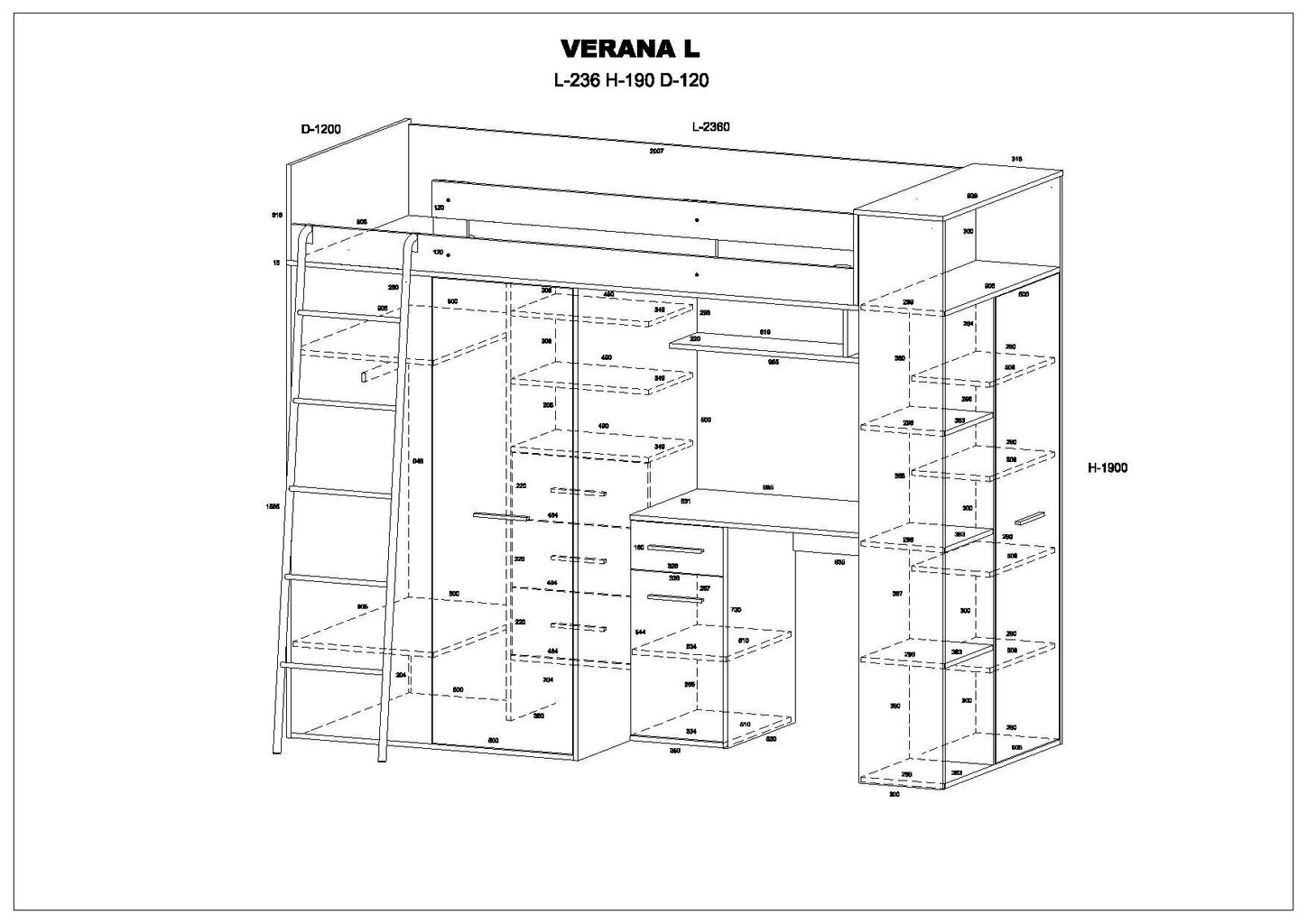 Divstāvu gulta Meblocross Verana L, 200x90 cm, ozola krāsas/violeta cena un informācija | Bērnu gultas | 220.lv