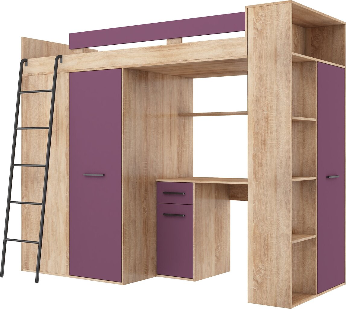 Divstāvu gulta Meblocross Verana L, 200x90 cm, ozola krāsas/violeta cena un informācija | Bērnu gultas | 220.lv