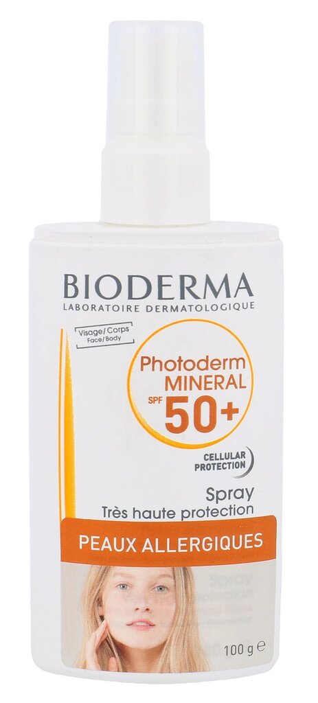 Aizsardzība no saules jutīgai sejas ādai Bioderma Photoderm Mineral Spray SPF50+ 100 g cena un informācija | Sauļošanās krēmi | 220.lv