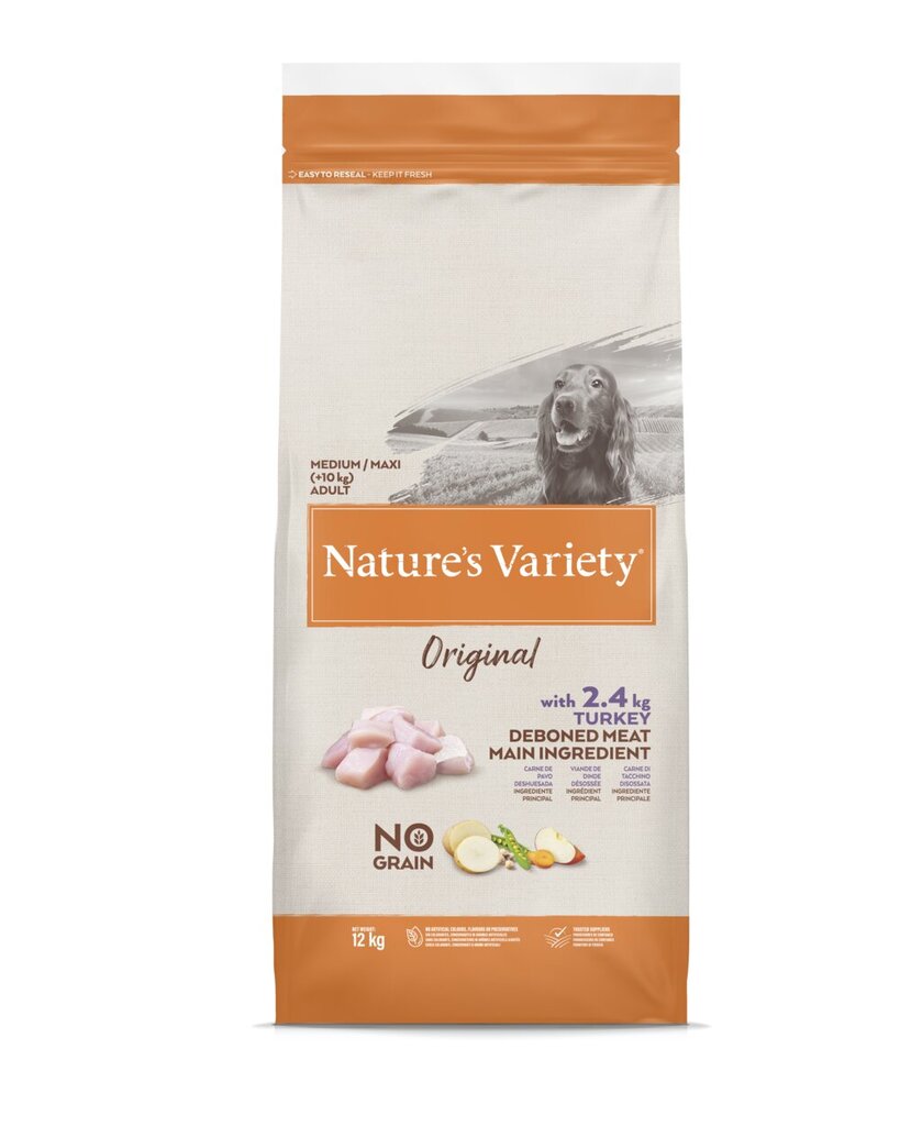 Nature's Variety Dog Original No Grain Medium Adult Turkey 12 Kg - bezgraudu sausā barība ar tītaru pieaugušiem suņiem cena un informācija | Sausā barība suņiem | 220.lv