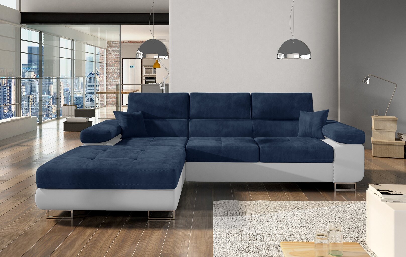 Mīksts stūra dīvāns Armando, tumši zils/balts cena un informācija | Stūra dīvāni | 220.lv