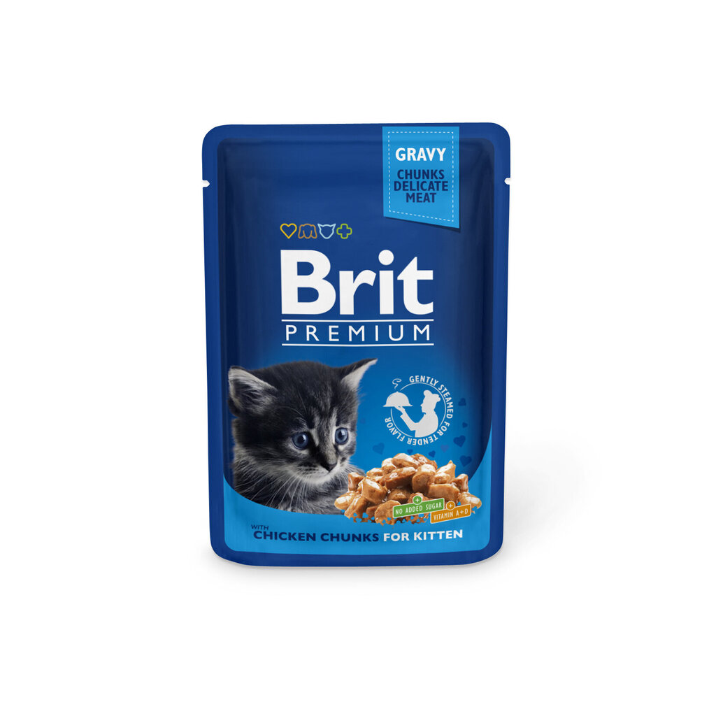 Brit Premium konservi kaķēniem maisiņā Chicken Chunks Kitten 100g x 24gab цена и информация | Konservi kaķiem | 220.lv