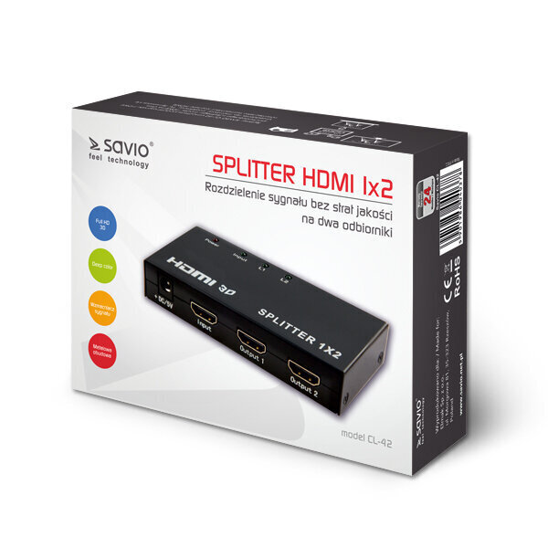 SAVIO HDMI sadalītājs, 1 input, 2 outputs CL-42, Melns cena un informācija | Adapteri un USB centrmezgli | 220.lv