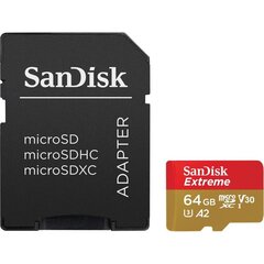 SanDisk Extreme microSDXC 64 GB 160 / 60 MB / s A2 C10 V30 atmiņas karte цена и информация | Карты памяти для мобильных телефонов | 220.lv