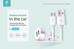 Devia Smart Series Premium Auto Lādētājs 2 x USB 2.4A + Micro USB vads 1m Balts cena un informācija | Lādētāji un adapteri | 220.lv