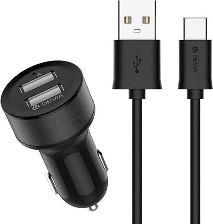 Devia Smart Series Premium Auto Lādētājs 2 x USB 2.4A + Type-C vads 1m Melns cena un informācija | Lādētāji un adapteri | 220.lv