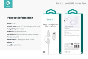 Devia Smart 2in1 BRA006015 цена и информация | Кабели для телефонов | 220.lv