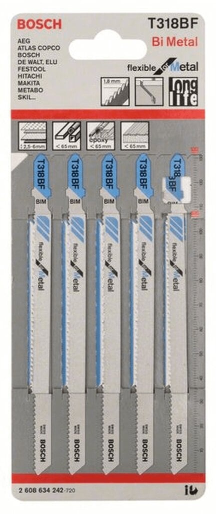 Bosch Finierzāģa asmeņi metālam T318BF, 5 gab. cena un informācija | Rokas instrumenti | 220.lv