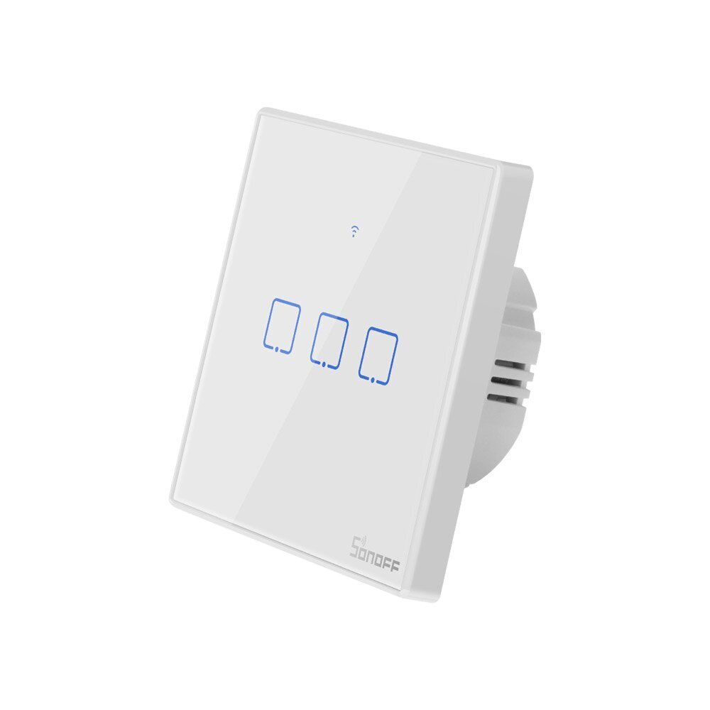 Viedā pieskāriena sienas slēdzis Sonoff T2EU3C-TX, 3 kanāli, 600W/kanāls, 230VAC, vadāms ar pieskāriena pogu, lietotne, Wi-Fi, iespējama balss vadība un SONOFF puti (pults nav iekļauta komplektā) cena un informācija | Drošības sistēmas, kontrolieri | 220.lv