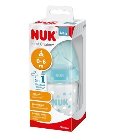 Stikla pudelīte ar silikona knupīti NUK First Choice+ M, 0-6 mēn., 120 ml cena un informācija | Bērnu pudelītes un to aksesuāri | 220.lv