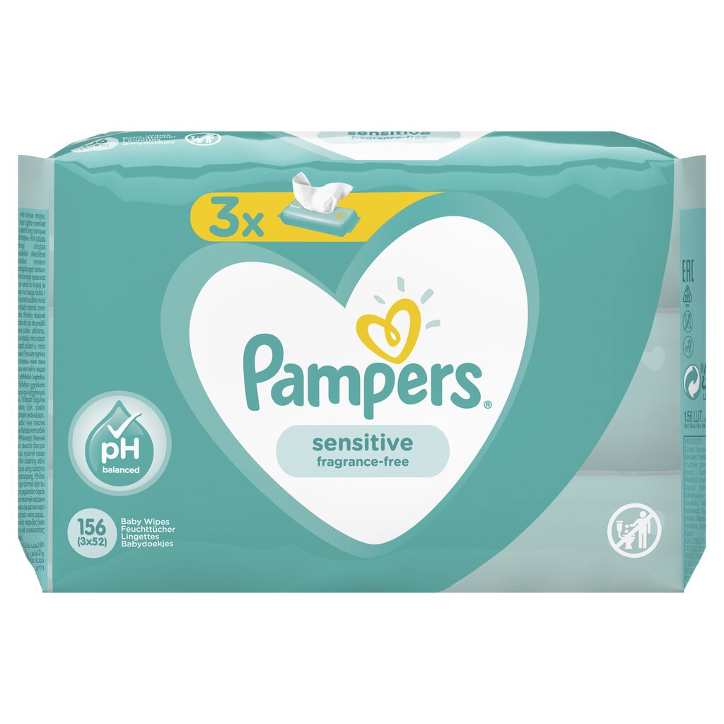 Salvetes PAMPERS Sensitive, 3x52 gab. cena un informācija | Mitrās salvetes, vienreizlietojamie paladziņi | 220.lv