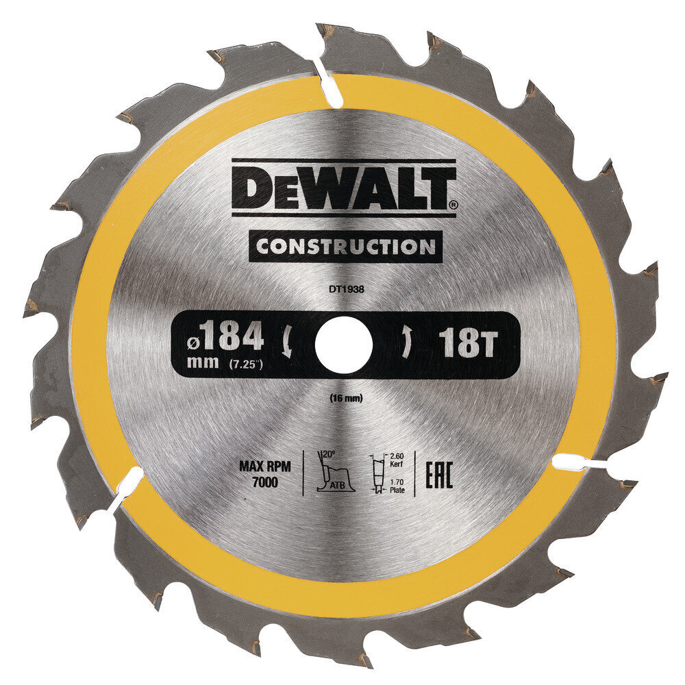 Griešanas disks Dewalt 184x16mm - DT1938-QZ cena un informācija | Dārza tehnikas rezerves daļas | 220.lv