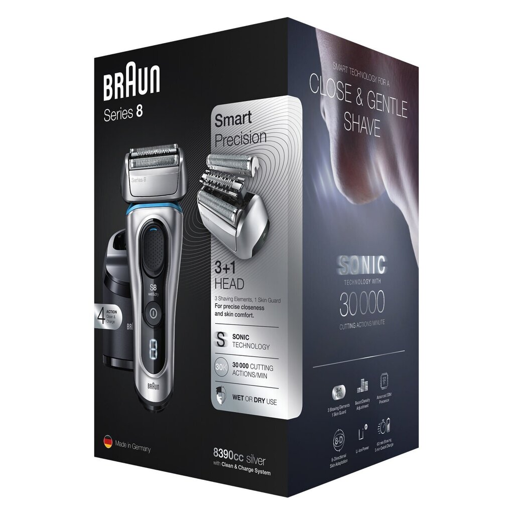 Braun Series 8 8390cc silver cena un informācija | Bārdas skuvekļi | 220.lv