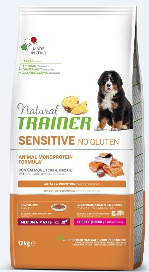 Natural Trainer Sensitive No Gluten vidēju un lielu šķirņu jauniem kucēniem ar lasi 12kg cena un informācija | Sausā barība suņiem | 220.lv