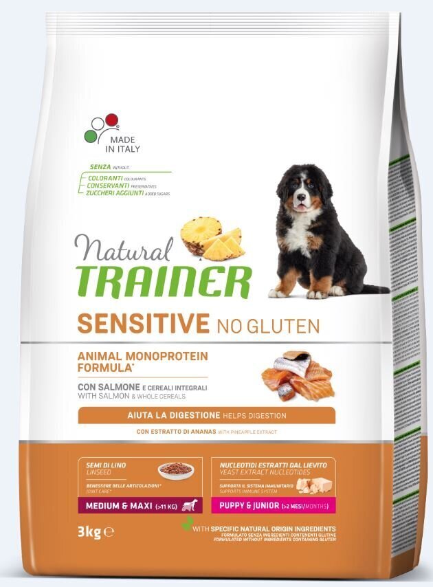 Natural Trainer Sensitive No Gluten vidējas un lielas šķirnes jauniem kucēniem ar lasi 3kg cena un informācija | Sausā barība suņiem | 220.lv