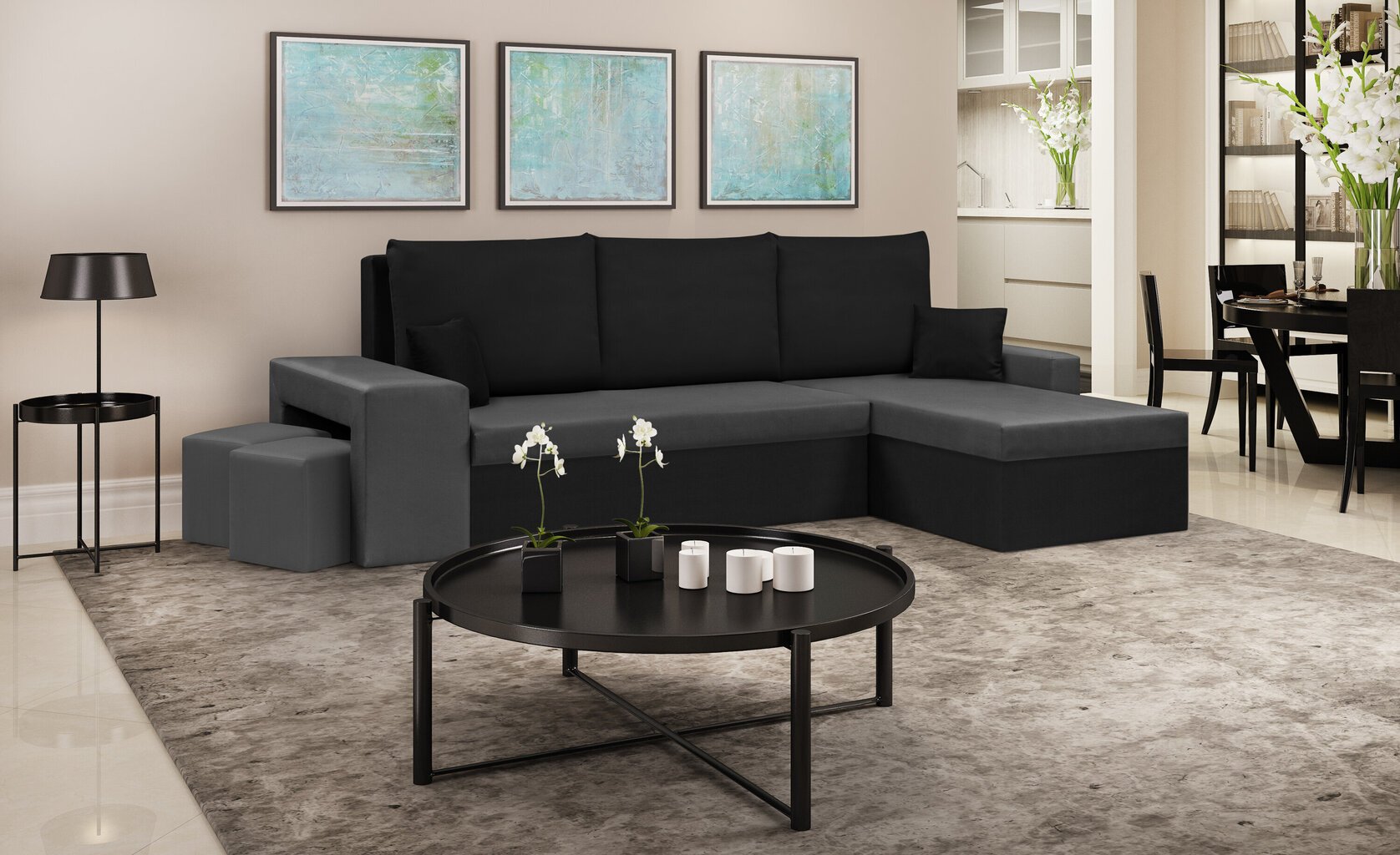 Stūra dīvāns Bellezza Dakota, melns/tumši pelēks цена и информация | Stūra dīvāni | 220.lv