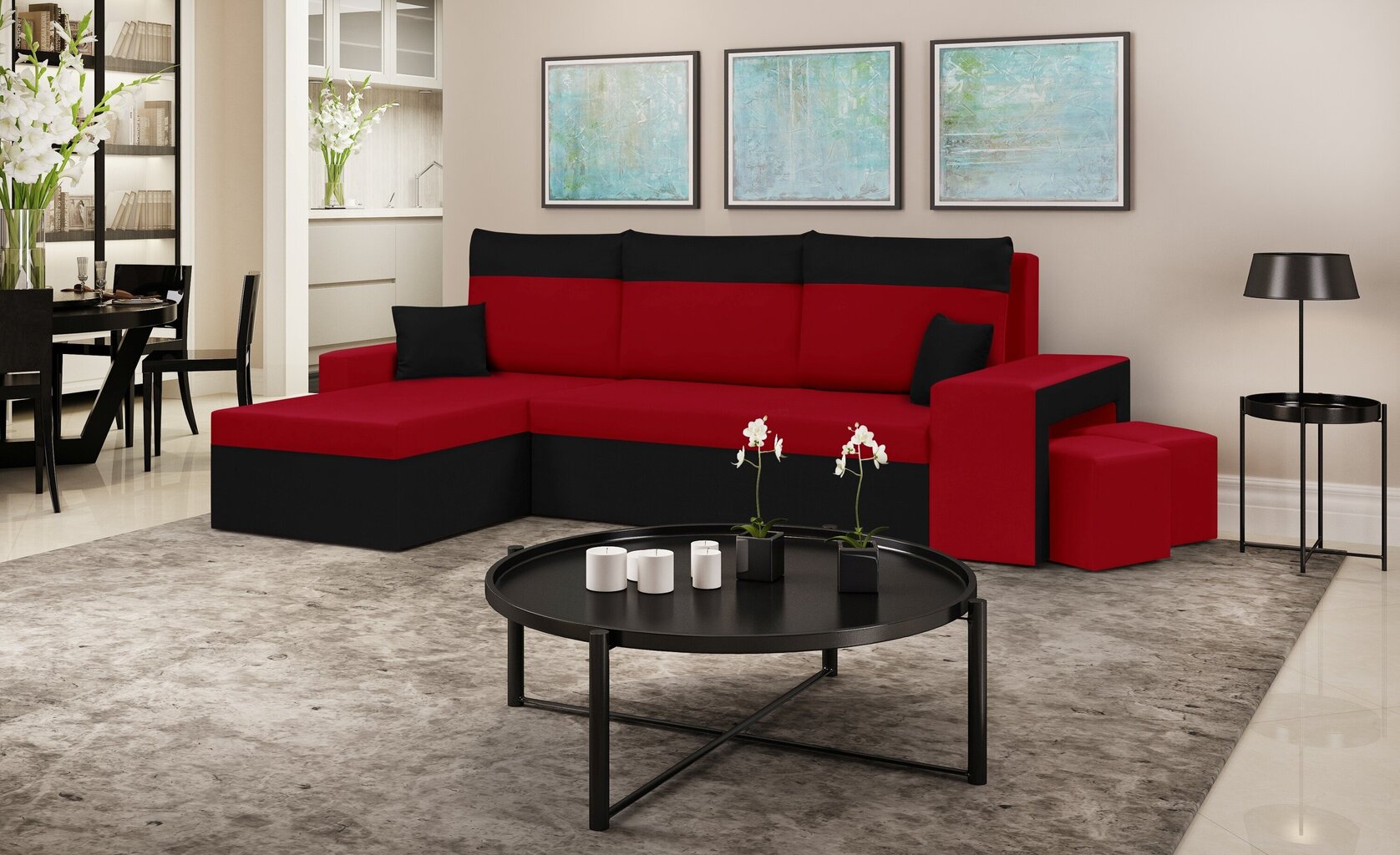 Stūra dīvāns Bellezza Dakota, melns/sarkans cena un informācija | Stūra dīvāni | 220.lv