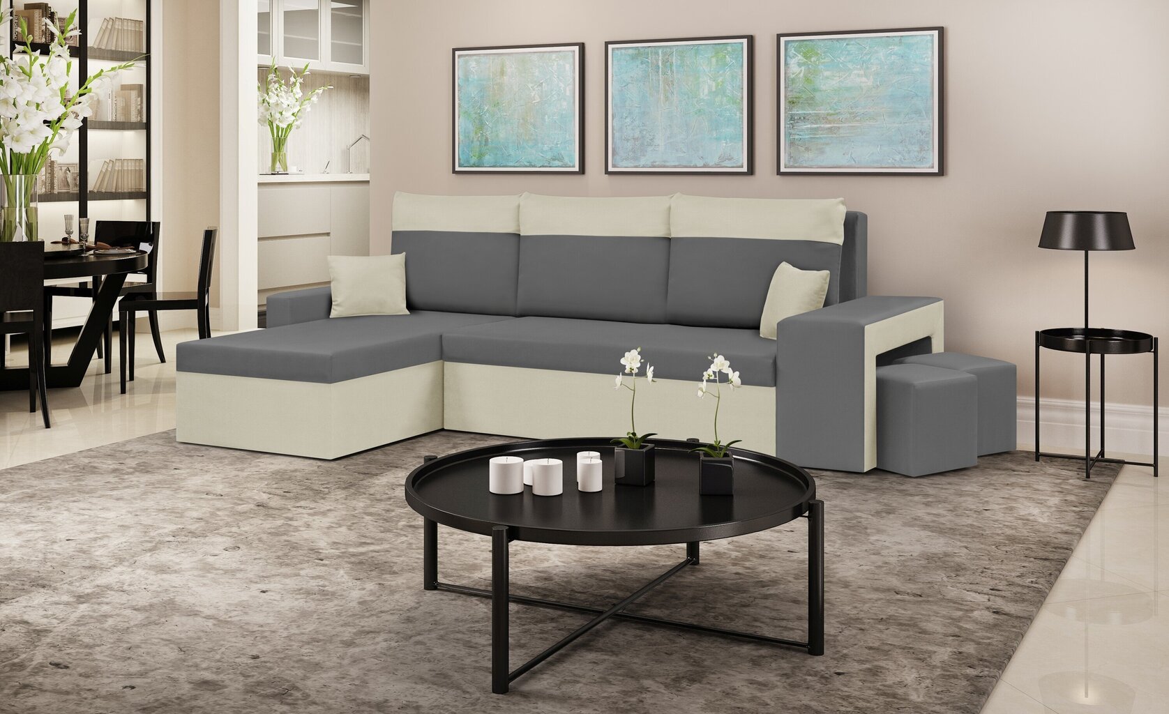 Stūra dīvāns Bellezza Dakota, balts/tumši pelēks цена и информация | Stūra dīvāni | 220.lv