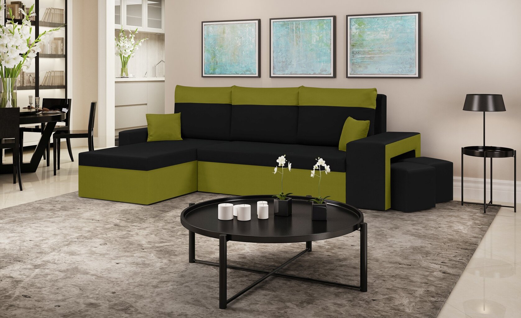 Stūra dīvāns Bellezza Dakota, zaļš/melns cena un informācija | Stūra dīvāni | 220.lv
