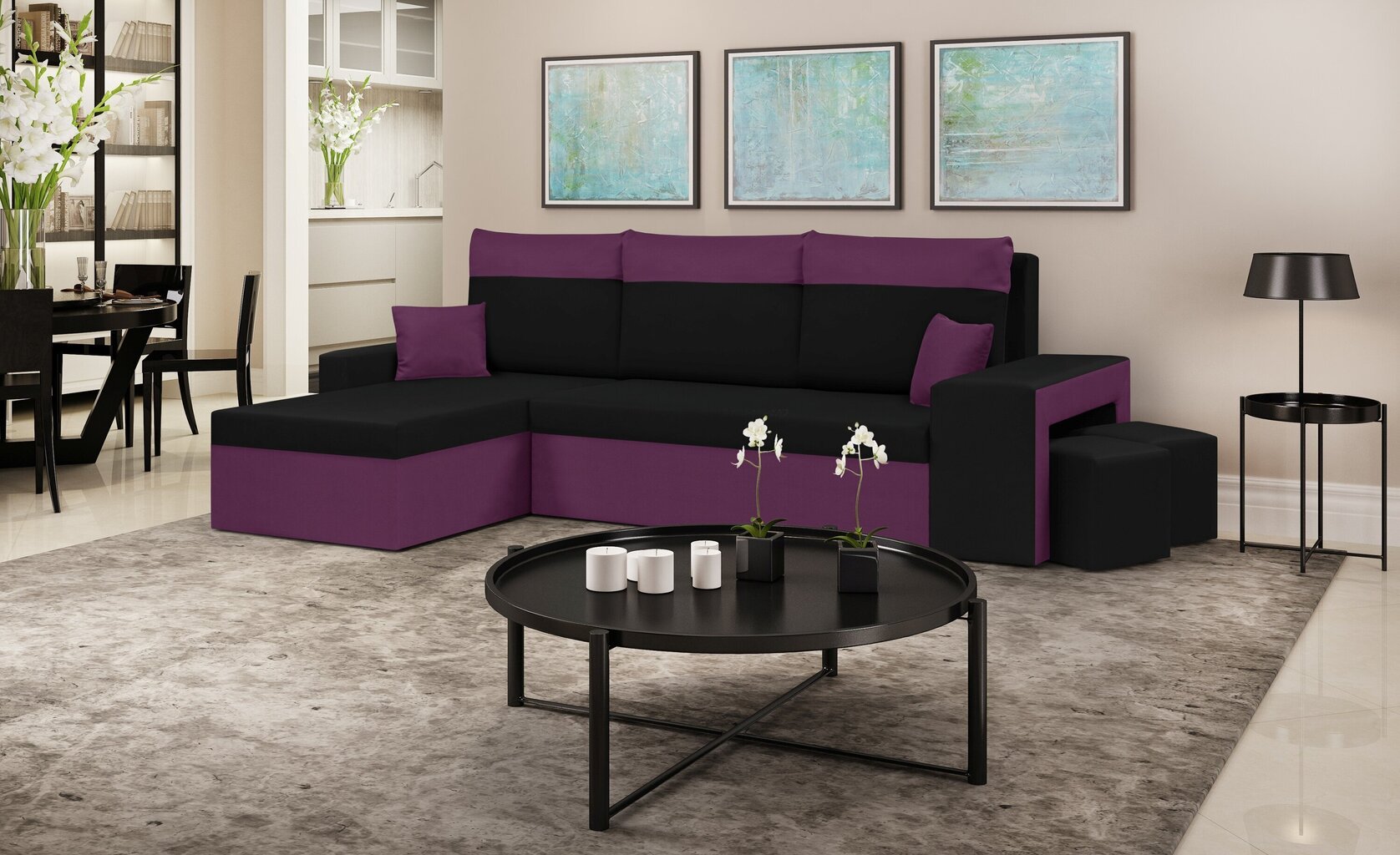 Stūra dīvāns Bellezza Dakota, violets/melns цена и информация | Stūra dīvāni | 220.lv