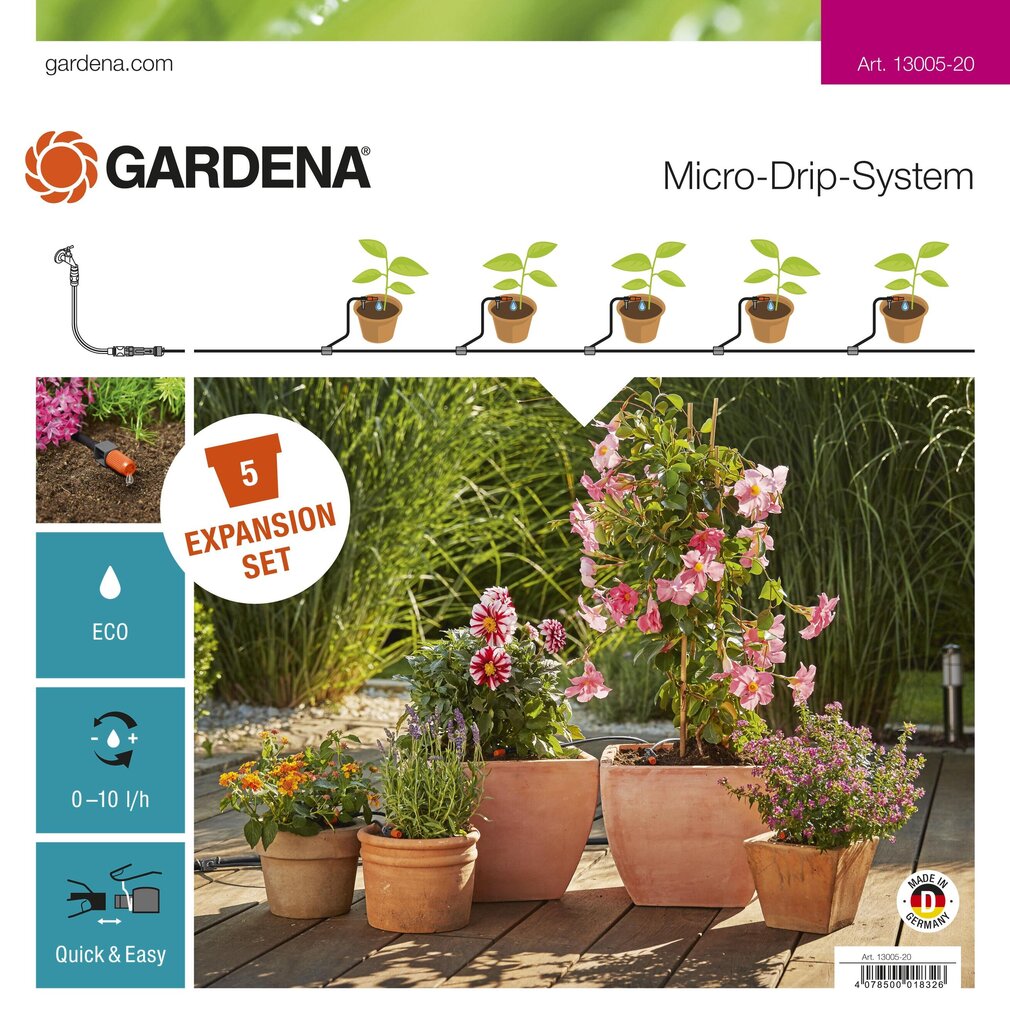 Uzlabots komplekts puķu podiem Gardena Micro-Drip-System M цена и информация | Laistīšanas sistēmas | 220.lv