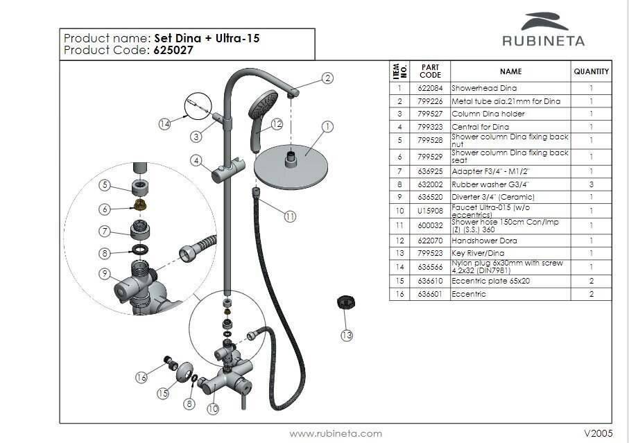 Dušas kolonna Rubineta DINA + Ultra-15 cena un informācija | Dušas komplekti un paneļi | 220.lv